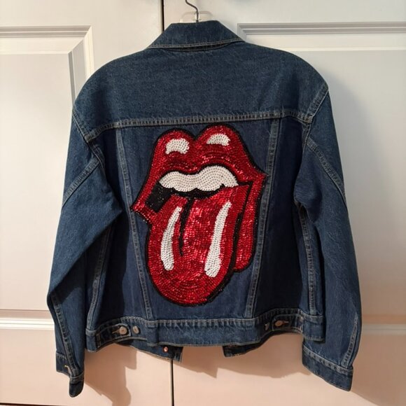 Rolling Stones Custom Made Red Sequin Tongue Rock & Roll Blue Denim Jean Jacket! - Picture 1 of 5